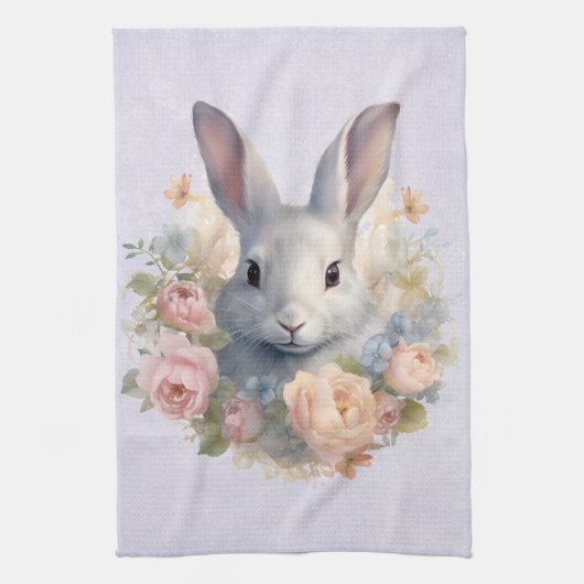 Rabbit Surrounded by Pastel Flowers Cute Theedoek (Verticaal)