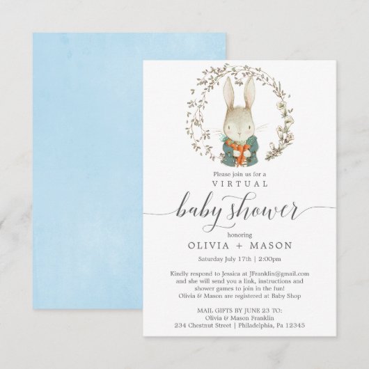 Rabbit Virtual Baby shower Invitation Boy Kaart (Voorkant / Achterkant)