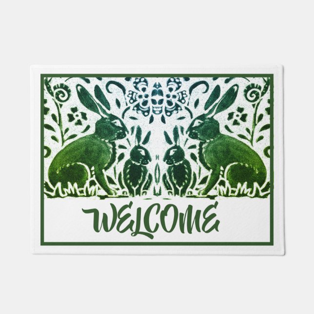 Rabbit Welcome  Green & White Floral Deurmat (Voorkant)