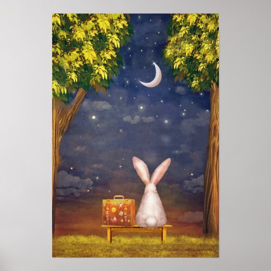 Rabbit with a Suitcase Looking Into the Night Sky Poster (Voorkant)