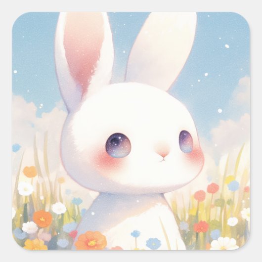 Rabbit with Galaxy Eyes in Colorful Wildflower Vierkante Sticker (Voorkant)