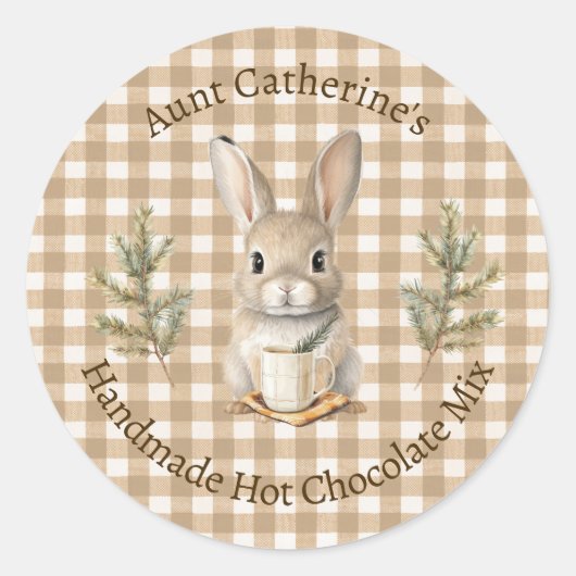 Rabbit with Mug Brown Gingham Hot Cocoa Mix Label (Voorkant)