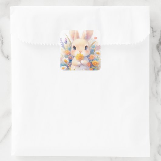Rabbit with Yellow Flower and Spring Wildflower Vierkante Sticker (Tas)