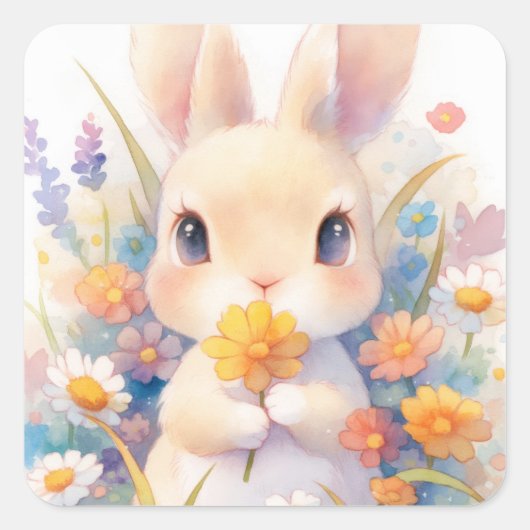 Rabbit with Yellow Flower and Spring Wildflower Vierkante Sticker (Voorkant)