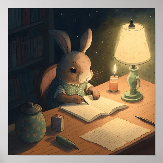 Rabbit Writing at Desk - Poster (Voorkant)