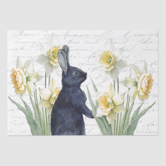 Rabbit Yellow Daffodil Flower French Script Craft Tissuepapier (Voorkant)
