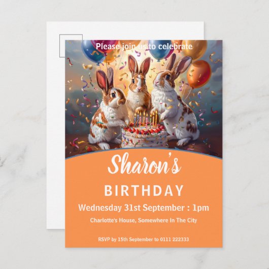 Rabbits Birthday Uitnodiging Briefkaart (Voorkant / Achterkant)