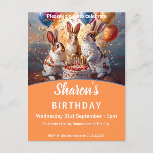 Rabbits Birthday Uitnodiging Briefkaart (Voorkant)