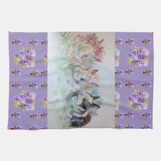 Rabbits Cute Lavender Waterverf Floral Bunny Theedoek (Horizontaal)