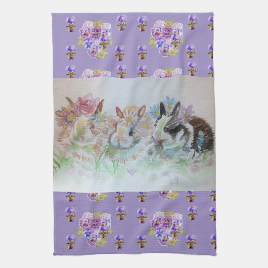 Rabbits Cute Lavender Waterverf Floral Bunny Theedoek (Verticaal)