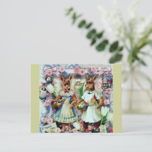 Rabbits Easter Bunnies Victoriaans Jurk Eggs Feestdagenkaart (Staand voorkant)