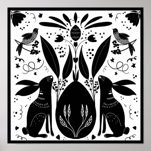 Rabbits Folk Art Block Print Design Post (Voorkant)
