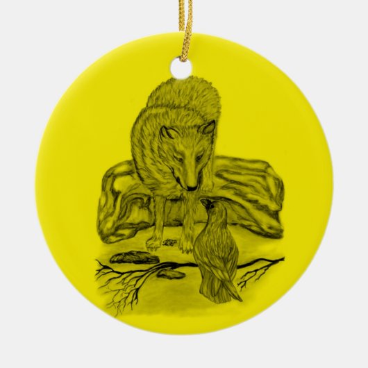 Rabe mit Wolf schwarz gelb Design Keramisch Ornament (Voorkant)