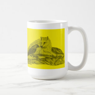 Rabe mit Wolf schwarz gelb Design Koffiemok