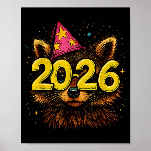 Raccoon 2026 Party Gles Funny New Year Celebration Poster (Voorkant)