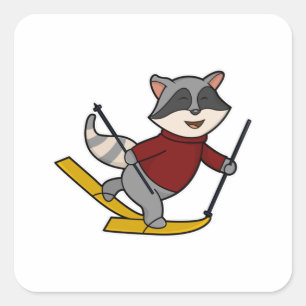 Raccoon als Skier met Skis- en skipolen Vierkante Sticker