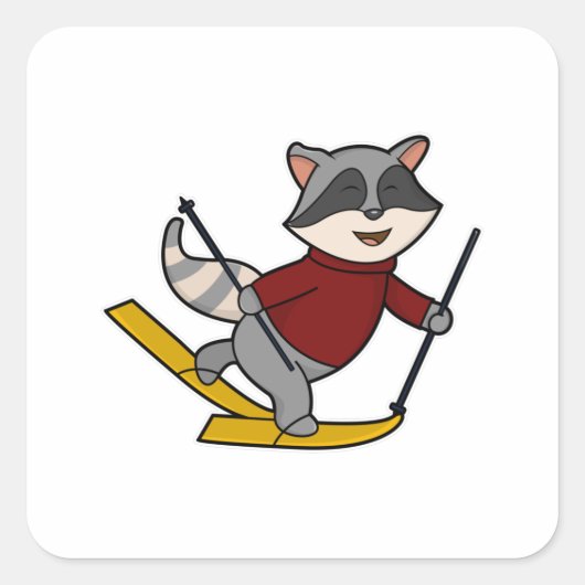 Raccoon als Skier met Skis- en skipolen Vierkante Sticker (Voorkant)