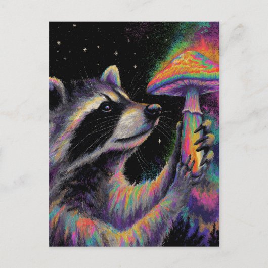 Raccoon and a Neon Chalk Mushroom at Night Briefkaart (Voorkant)