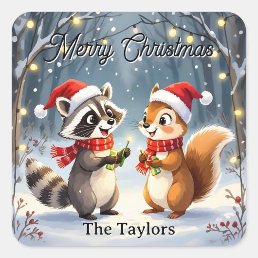 Raccoon and Squirrel Hanging Christmas Lights Vierkante Sticker (Voorkant)