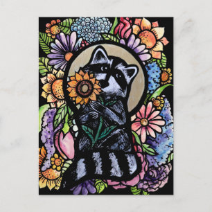 Raccoon Art Flower Raccoons Design met Zonnebloem Briefkaart