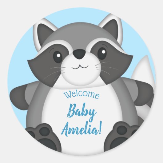 Raccoon Baby shower Blue Ronde Sticker (Voorkant)