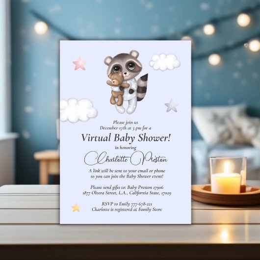 Raccoon Baby shower Blue Virtual Kaart