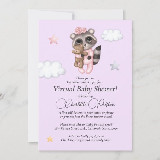 Raccoon Baby shower Lavender Virtual Kaart (Voorkant)