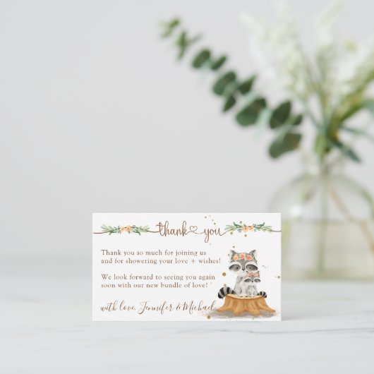 Raccoon Baby shower nieuwe mama bedankt Informatiekaartje (Staand voorkant)