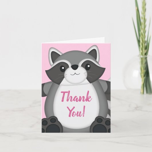 Raccoon Baby shower Roze Bedankkaart (Voorkant)