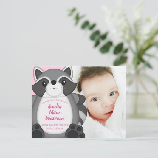 Raccoon Baby shower Roze Briefkaart (Staand voorkant)