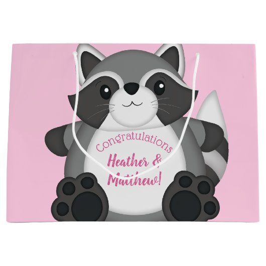 Raccoon Baby shower Roze Groot Cadeauzakje (Voorkant)