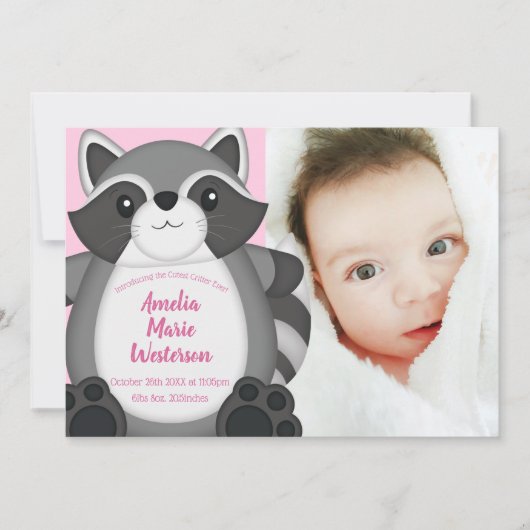 Raccoon Baby shower Roze Kaart (Voorkant)