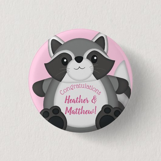 Raccoon Baby shower Roze Ronde Button 3,2 Cm (Voorkant)
