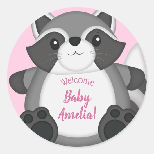 Raccoon Baby shower Roze Ronde Sticker (Voorkant)