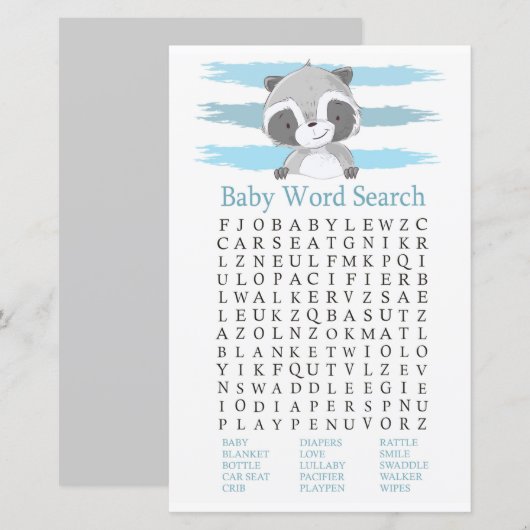 Raccoon Baby shower Word Search Game (Voorkant / Achterkant)