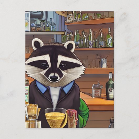Raccoon Bartender Briefkaart (Voorkant)