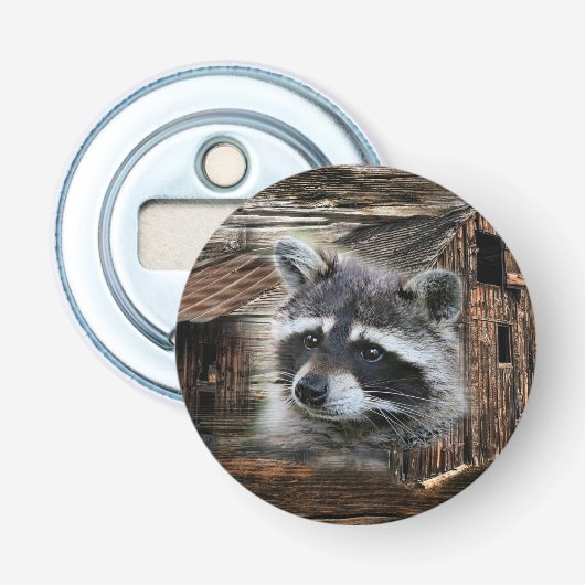 Raccoon bij de oude schuur button flesopener (Voorkant)