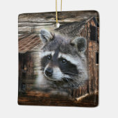 Raccoon bij de oude schuur keramisch ornament (Links)