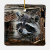 Raccoon bij de oude schuur keramisch ornament (Achterkant)