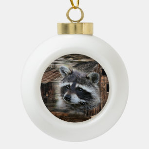 Raccoon bij de oude schuur keramische bal ornament