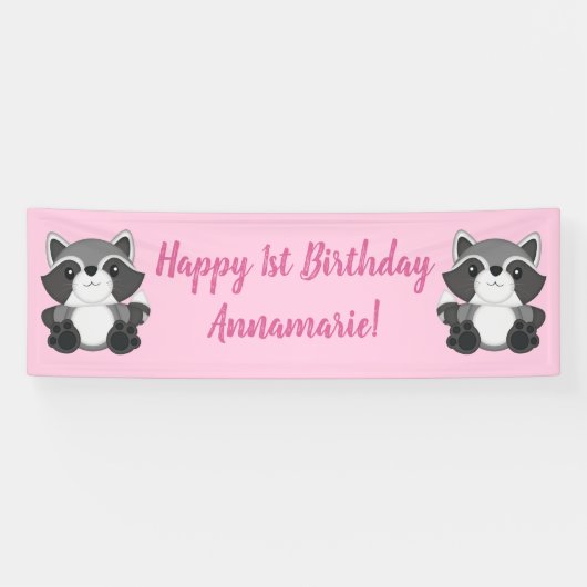 Raccoon Birthday Party Pink Spandoek (Horizontaal)