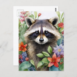 Raccoon Bloemen Waterverf Kunst Briefkaart