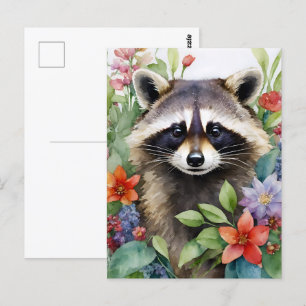 Raccoon Bloemen Waterverf Kunst Briefkaart