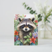 Raccoon Bloemen Waterverf Kunst Briefkaart (Staand voorkant)