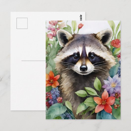 Raccoon Bloemen Waterverf Kunst Briefkaart (Voorkant / Achterkant)