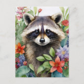 Raccoon Bloemen Waterverf Kunst Briefkaart (Voorkant)