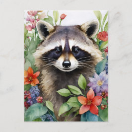 Raccoon Bloemen Waterverf Kunst Briefkaart