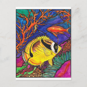 Raccoon Butterflyfish and Seahorse Art Briefkaart