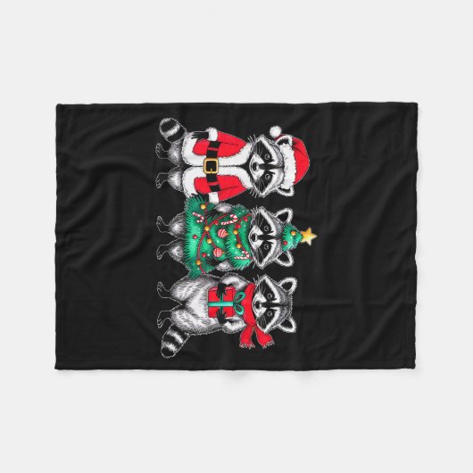 Raccoon Christmas Tree Light Santa Hat Xmas Family Fleece Deken (Voorkant (Horizontaal))