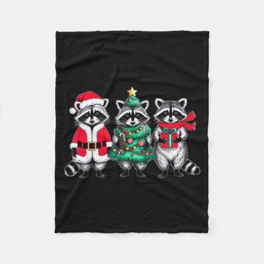 Raccoon Christmas Tree Light Santa Hat Xmas Family Fleece Deken (Voorkant)